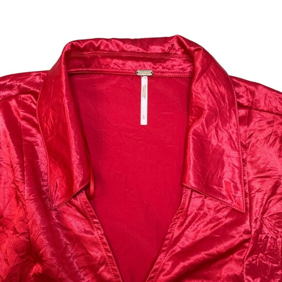 Free People Crushed Satin Tie-Front Blouse in Lipstick Red | Size L | NWT - Picture 4 of 9